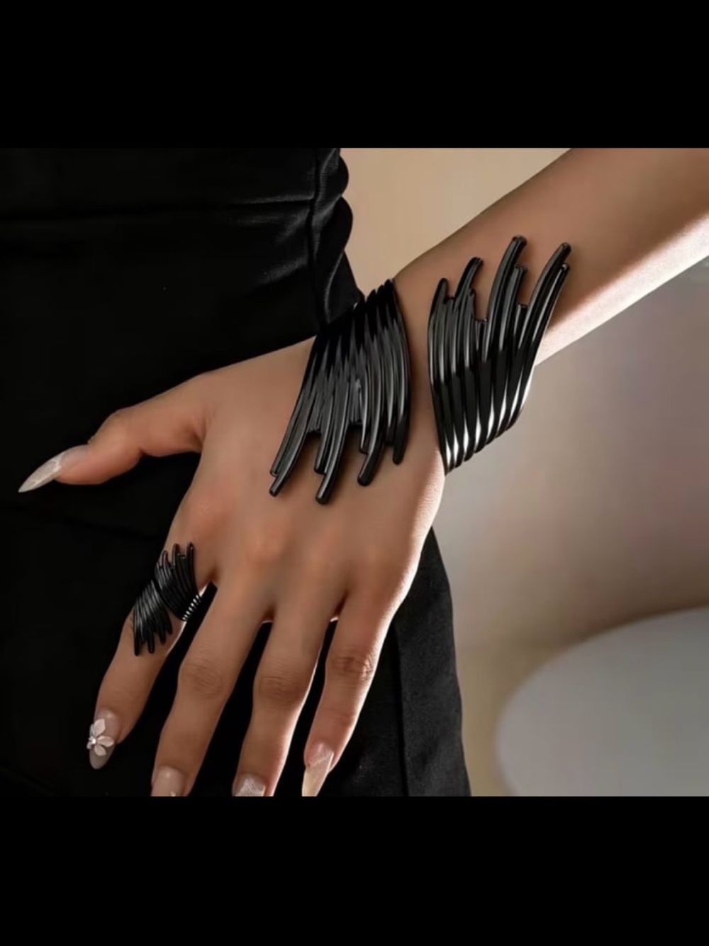 New! Matte Black Color Fashionable - 2 Pcs. Bold Textured Wing Bracelet & Ring